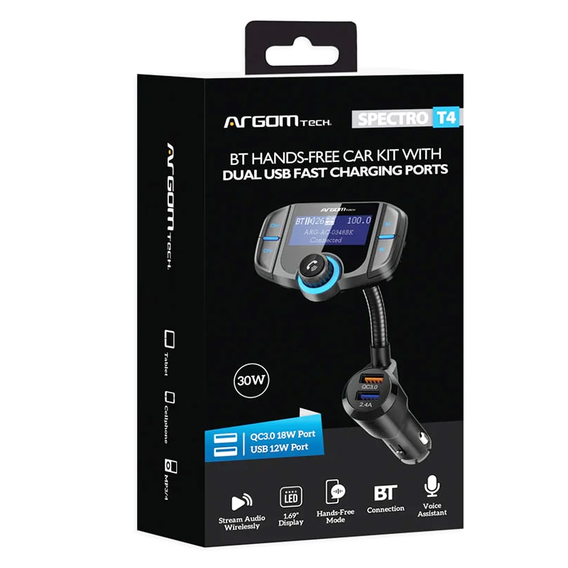 Adaptador Handsfree para Carro Argom Spectro T4 con Pantalla USB/USB-C BT Negro