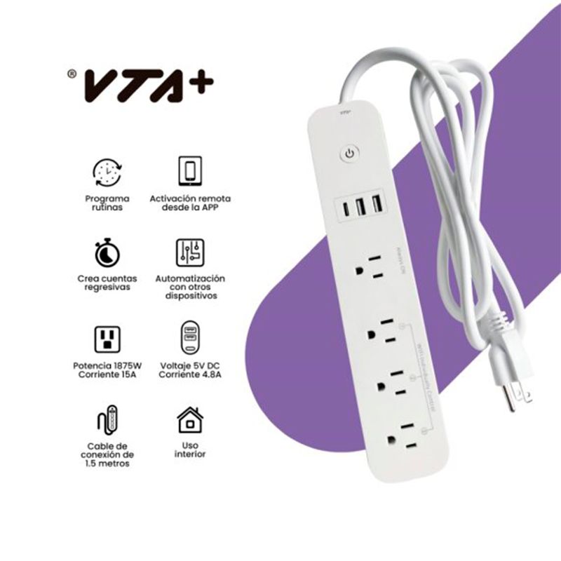 Regleta Inteligente VTA+ Energy Multitoma 4 Salidas 1.5 Metros Smart Home  Wi-Fi