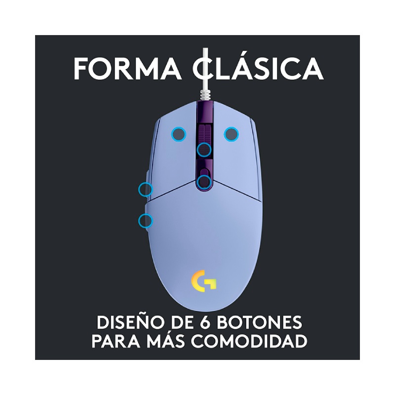 Mouse Óptico Gaming Logitech G203 LIGHTSYNC Lila 8000DPI 6 Botones
