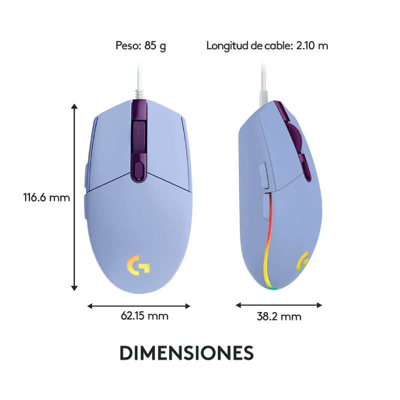Mouse Óptico Gaming Logitech G203 LIGHTSYNC Lila 8000DPI 6 Botones