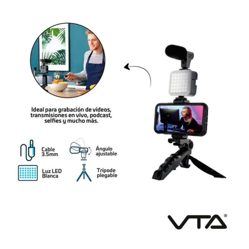 Trípode para Celular VTA+ con Luz Led + Micrófono 3.5mm Negro