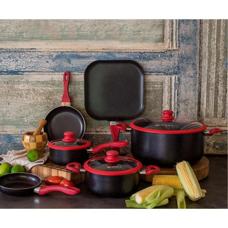 Batería de Cocina Picca BARI 9 Piezas Marmol Gris Stone Rojo