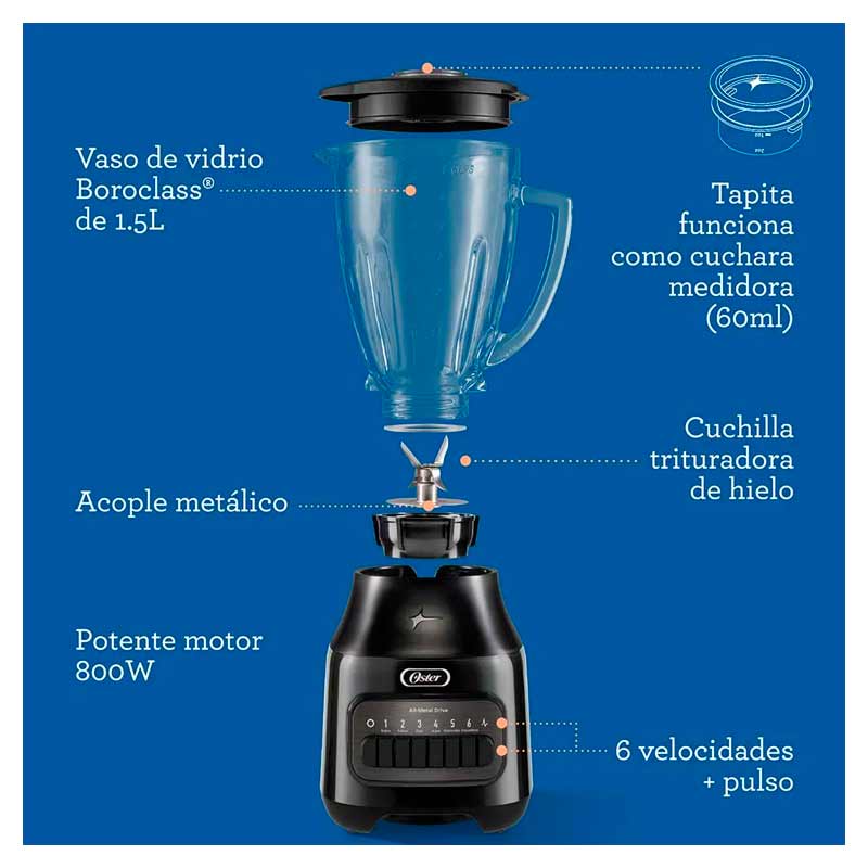 Licuadora Oster BLSTPEG-BPB 6 Velocidades Jarra de Vidrio 1.5 Lt Negro 800 W