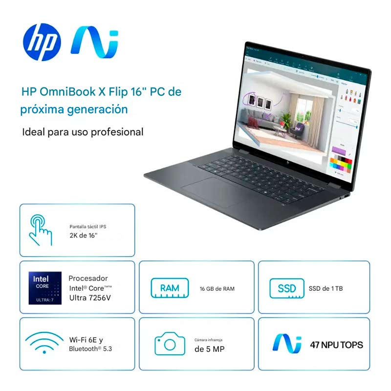 Laptop HP OmniBook X FLIP 2 en 1 16" Touch 2K Intel Core Ultra 7 255U 16GB RAM 1TB SSD W11 Home Gris Teclado Ingles