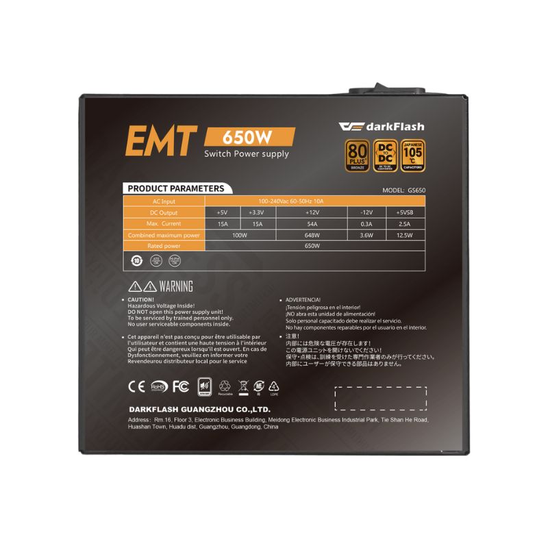 Fuente de Poder 650W DarkFlash EMT 80 Plus Bronce Negra (copia)