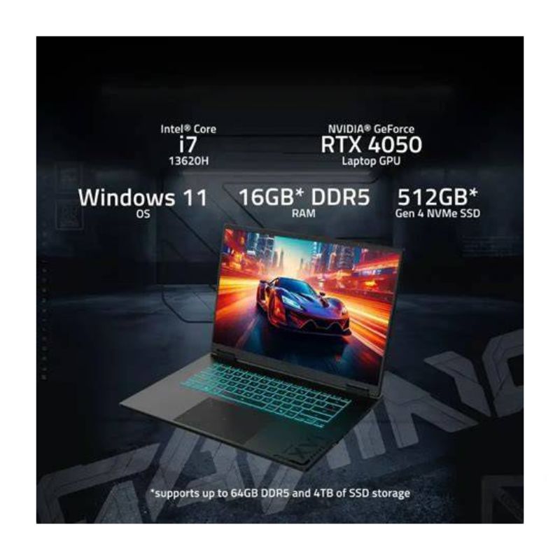 Laptop Gaming Gigabyte A16 16" 165Hz WUXGA Intel Core i7-13620H 16GB DDR5 RAM 512GB SSD GeForce RTX 4050 Black Steel W11 Home Teclado Ingles