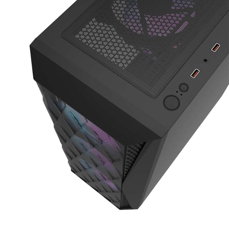 Case DarkFlash DK352 Mesh ATX Mid Tower con 4 ventiladores ARGB, panel lateral de vidrio templado negro.