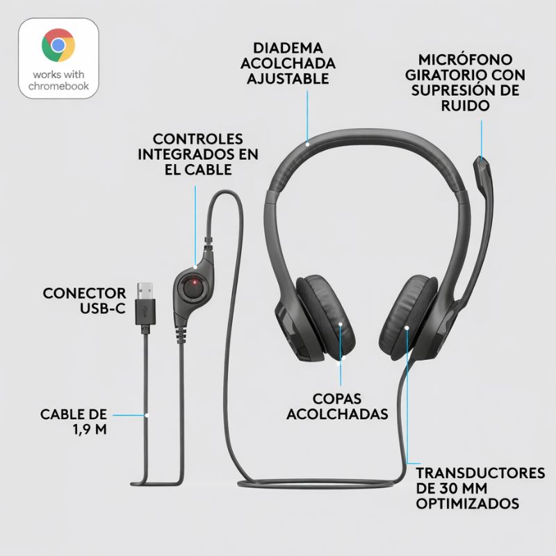 Audífonos Tipo Headset Logitech H390 USB-C con Micrófono Negro Media Noche