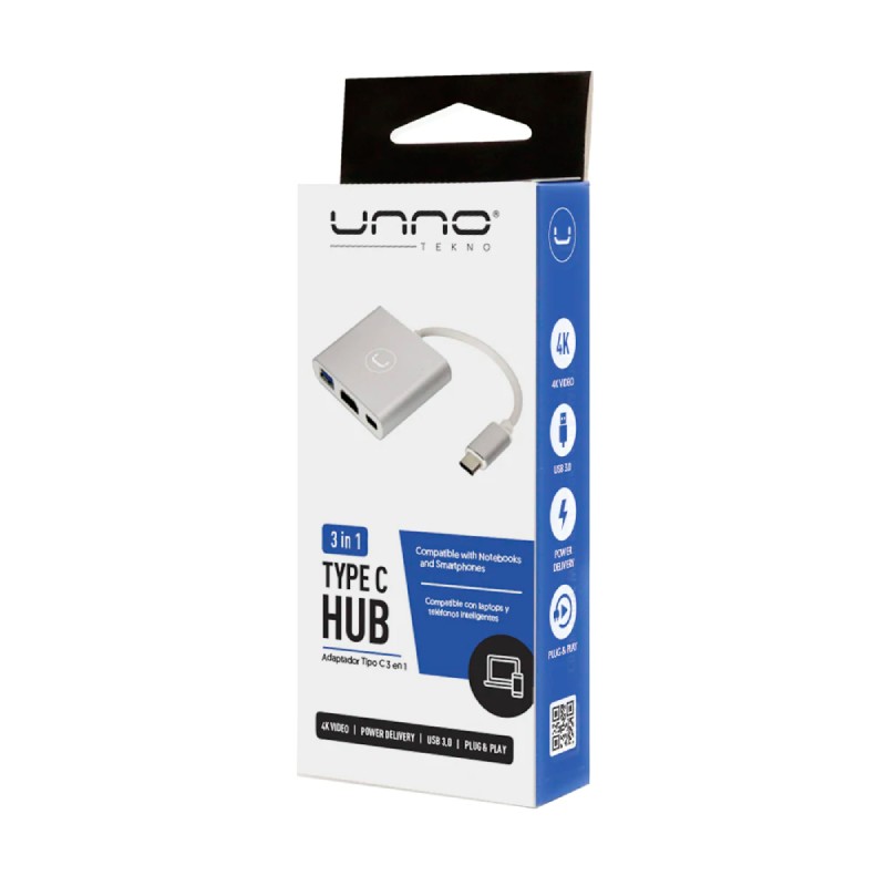 Adaptador Unno Tekno 3 puertos modelo HB1101SV USB-C a HDMI, USB , USB C Plateado
