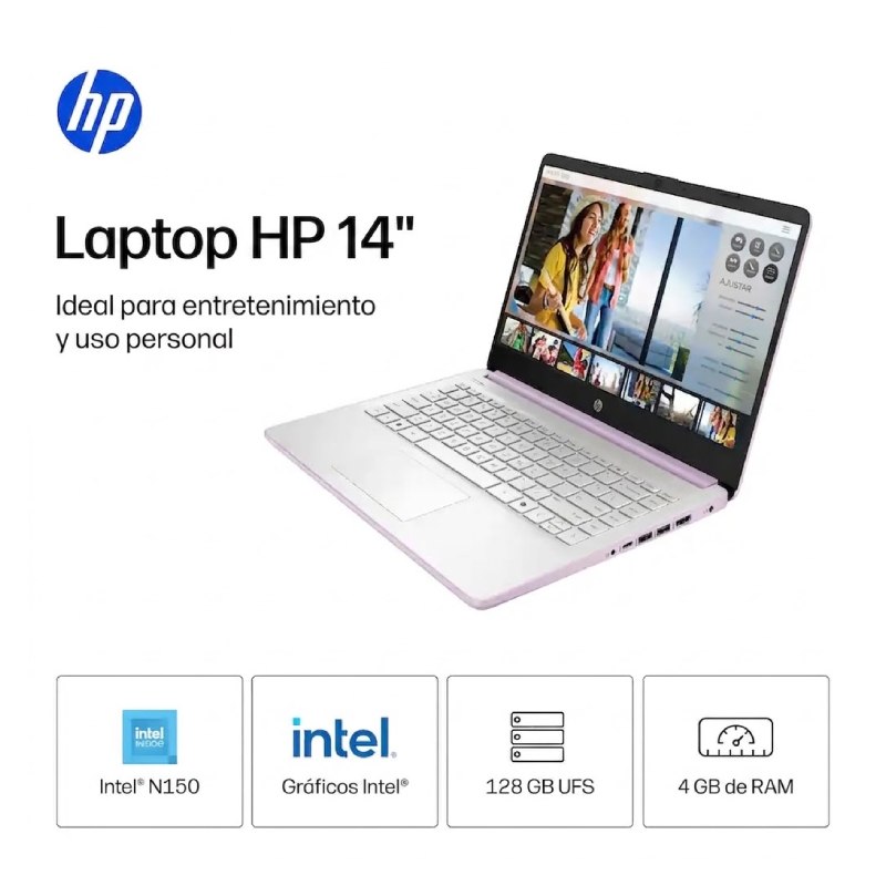 Laptop HP 14-dq6104dx 14" Celeron N150 4GB RAM 128GB UFS W11S Home Lavanda Teclado Inglés