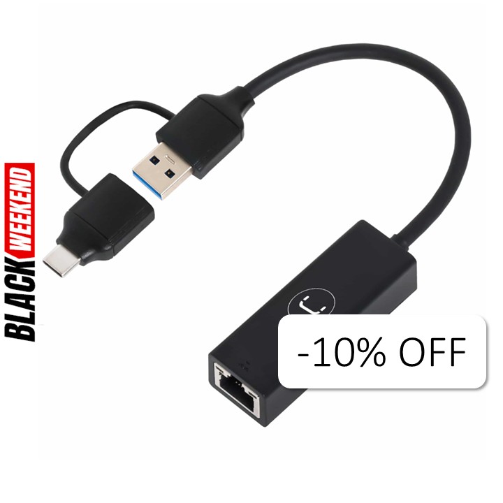 Adaptador Unno Tekno USB a Ethernet AD3007BK Macho-Hembra 2 en 1 Negro