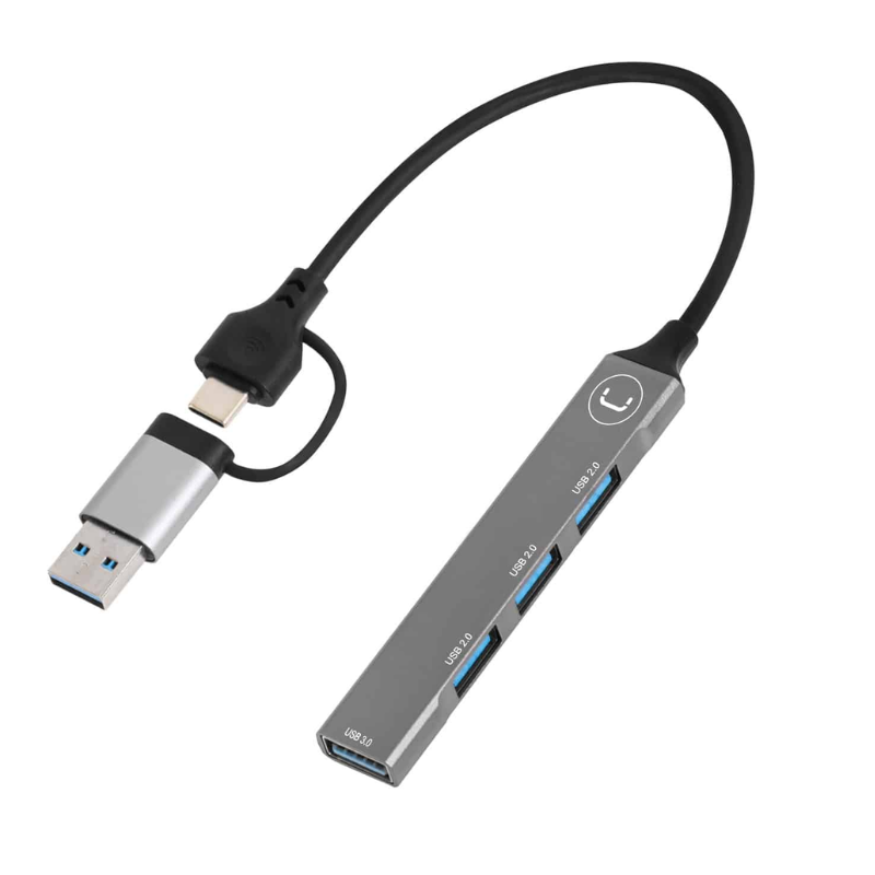 Hub 2 en 1 Unno Tekno 4 Puertos USB + USB-C Gris