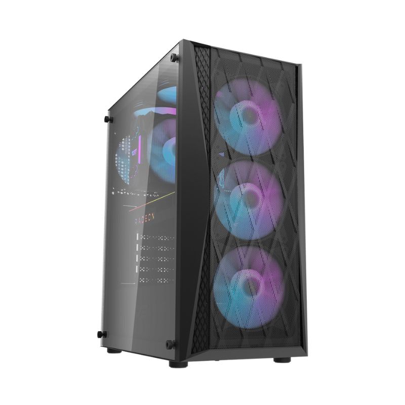 Case DarkFlash DK352 Mesh ATX Mid Tower con 4 ventiladores ARGB, panel lateral de vidrio templado negro.